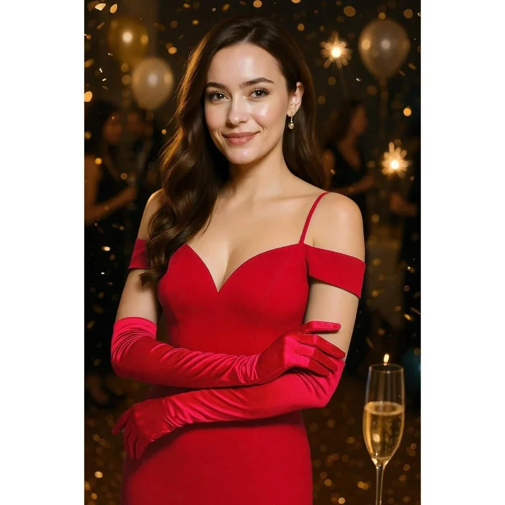 Women's Red Vintage Satin Long Gloves Party Costume Stretchy Elbow Length